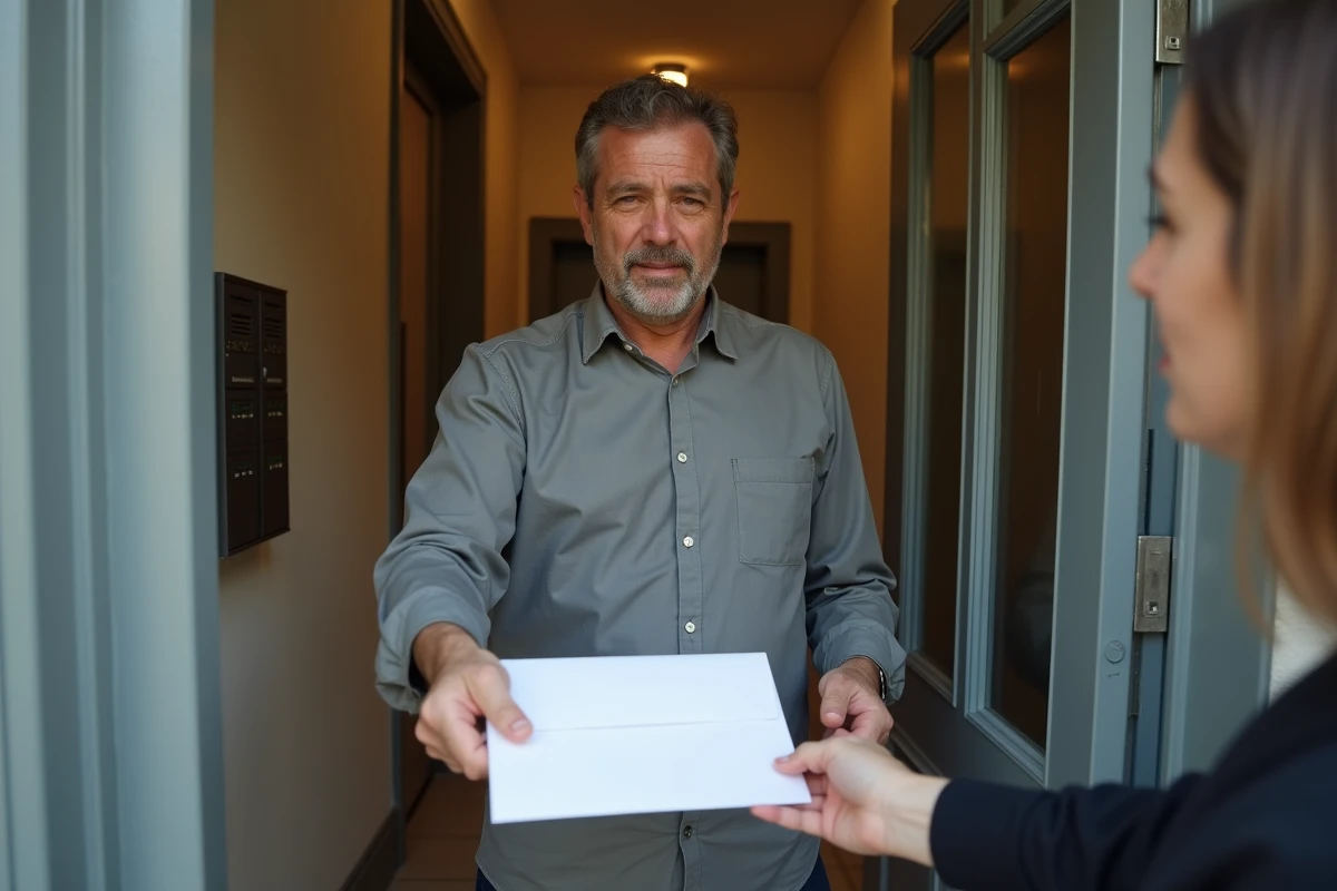 Locataire remettant une enveloppe contenant un préavis de départ au propriétaire dans le couloir d'un immeuble résidentiel