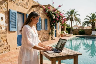 Femme consultant des annonces de location villa Essaouira avec piscine sur un ordinateur portable au bord d'une piscine privée