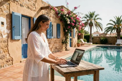 Femme consultant des annonces de location villa Essaouira avec piscine sur un ordinateur portable au bord d'une piscine privée
