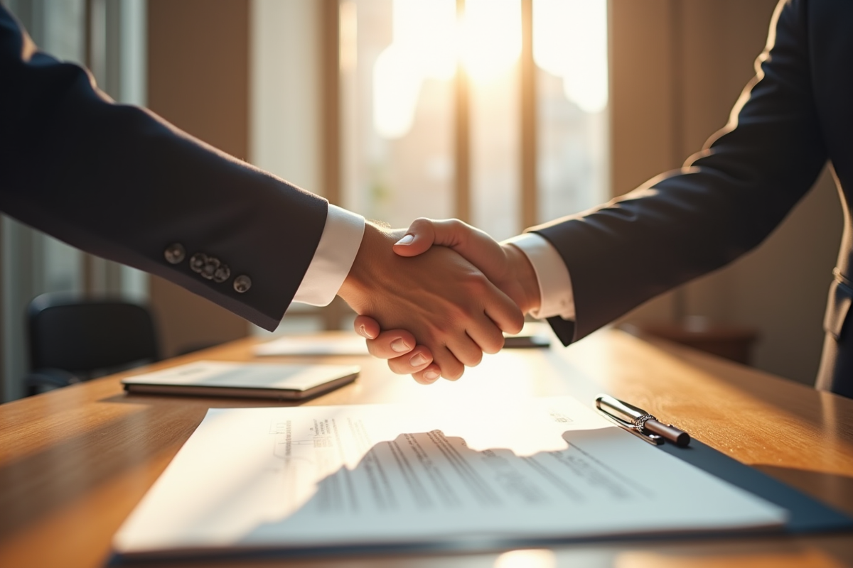 Poignée de main entre propriétaire et locataire sur un contrat