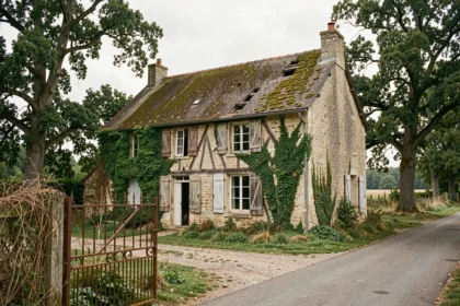 Maison abandonnée en pierre à vendre en Île-de-France avec volets brisés et jardin envahi par la végétation