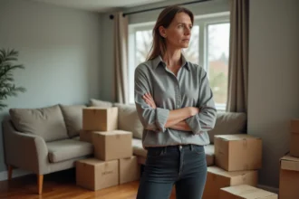 Femme songeuse dans un salon avec des cartons de déménagement lors d'une vente immobilière urgente pour divorce
