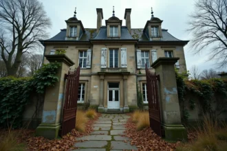Manoir français abandonné avec façade en pierre usée, volets fermés et végétation envahissante, évoquant une vente immobilière à 1 euro symbolique