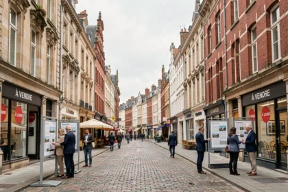 Vue de rue à Lille montrant plusieurs vitrines d'agences immobilières dans un quartier commercial avec architecture flamande
