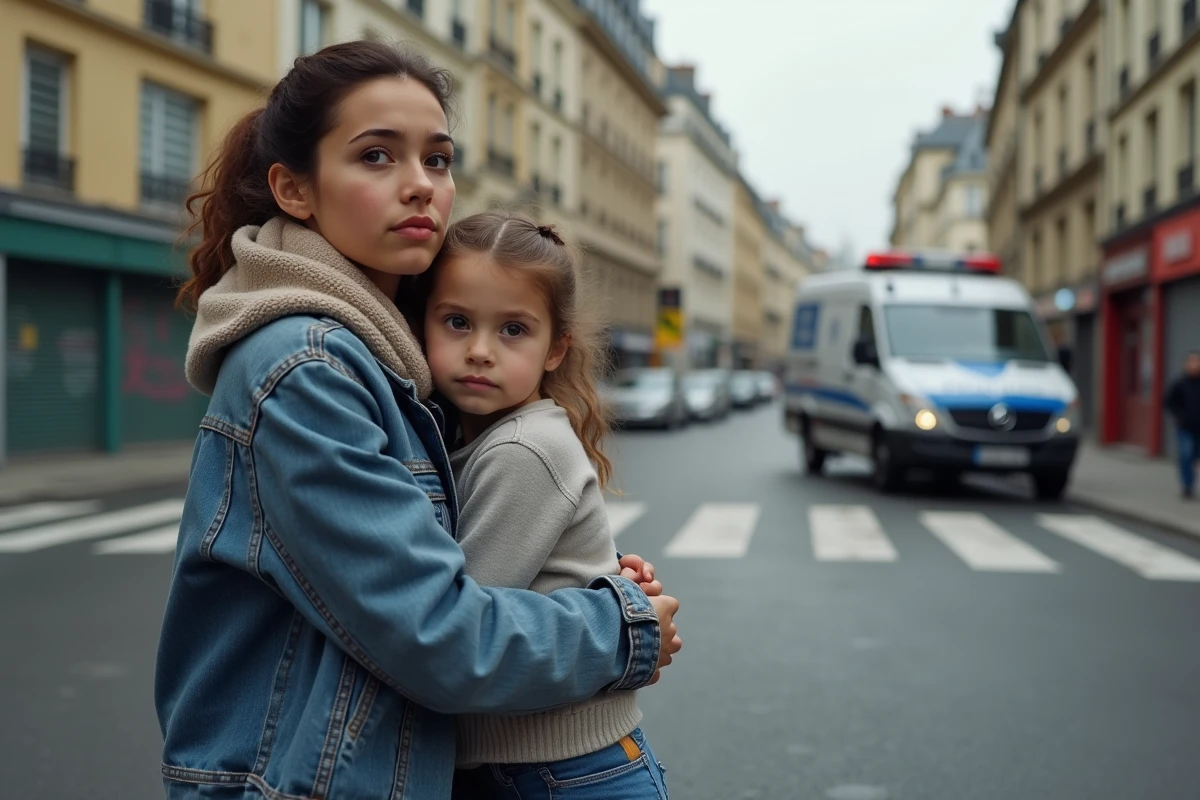 Mère inquiète avec sa fille à un passage piéton dans le 9e