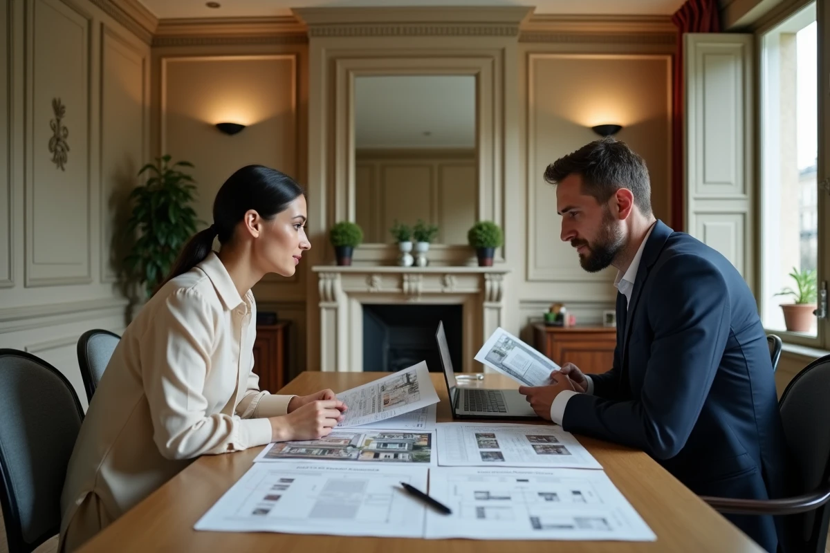 Agent immobilier et client discutant des prix d'un appartement haussmannien à Paris autour de documents et plans, contexte marché 2026