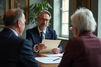 Notaire souriant expliquant un contrat à un couple à Limoges