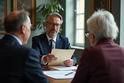 Notaire souriant expliquant un contrat à un couple à Limoges