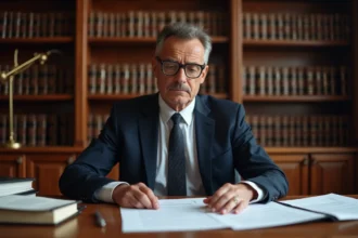 Notaire examinant un modèle pré état daté sur un bureau couvert de documents immobiliers officiels