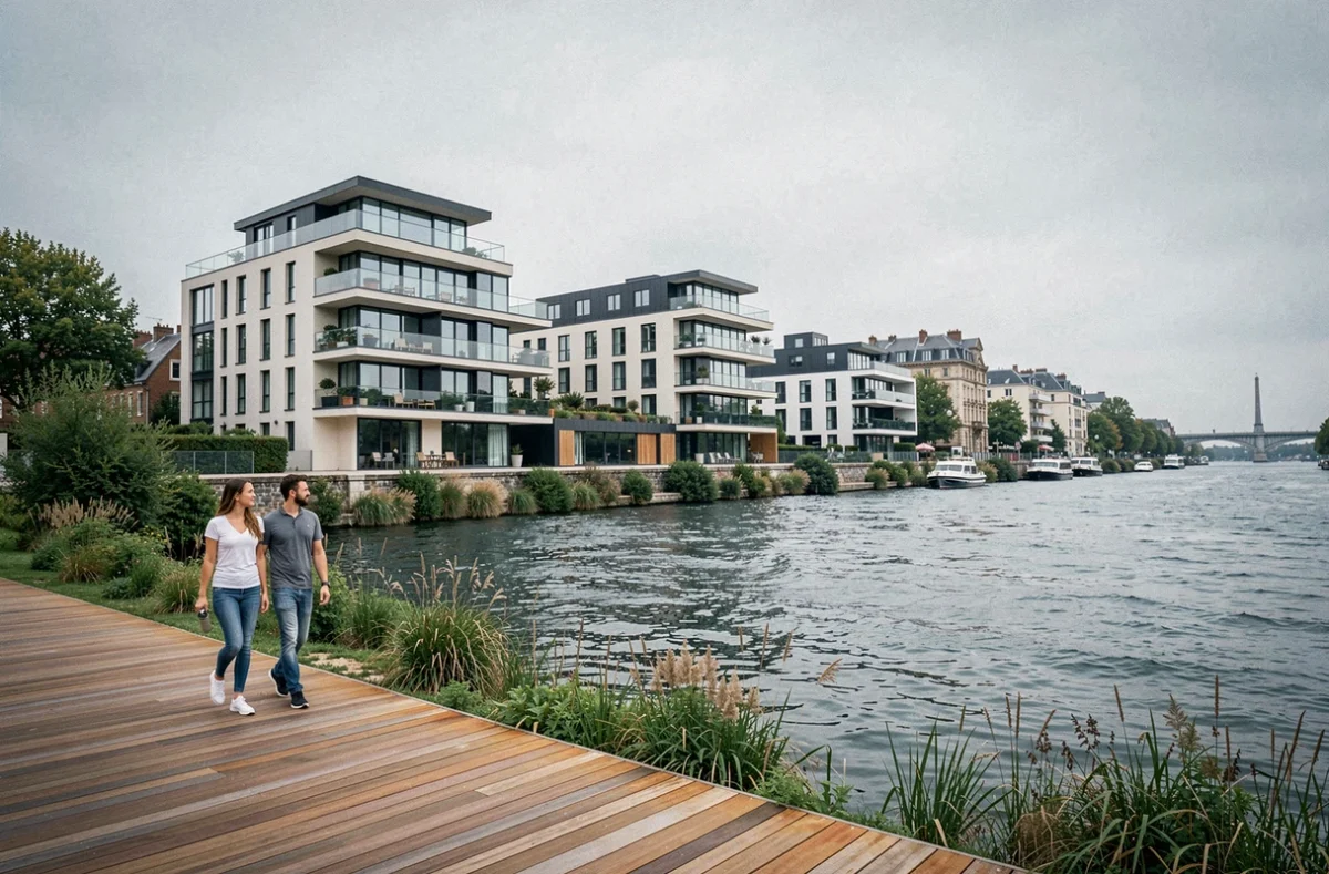 Programme immobilier Île en Seine de PA7 avec immeubles contemporains en bord de Seine en Seine-Saint-Denis et promenade fluviale