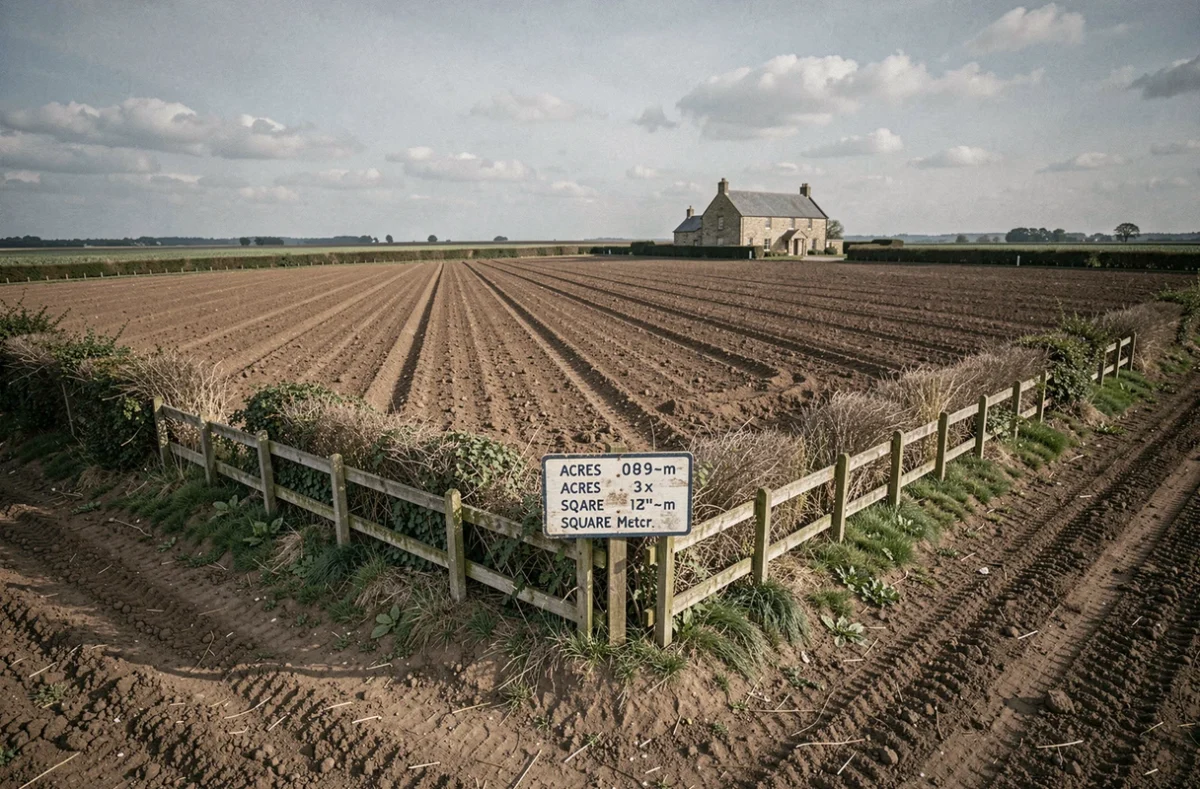 Parcelle agricole délimitée avec panneau de mesure indiquant la conversion d'un acre en mètres carrés