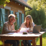 Deux personnes souriantes discutent à une table en plein air