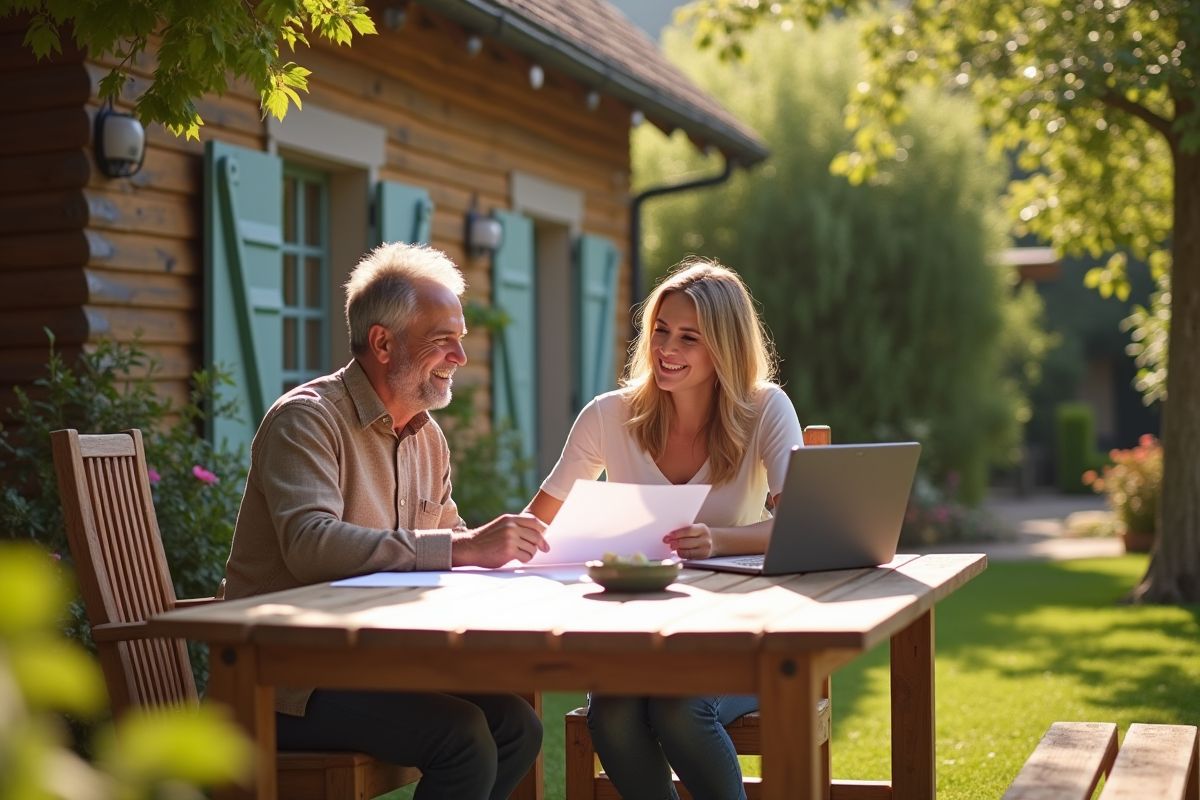 Deux personnes souriantes discutent à une table en plein air