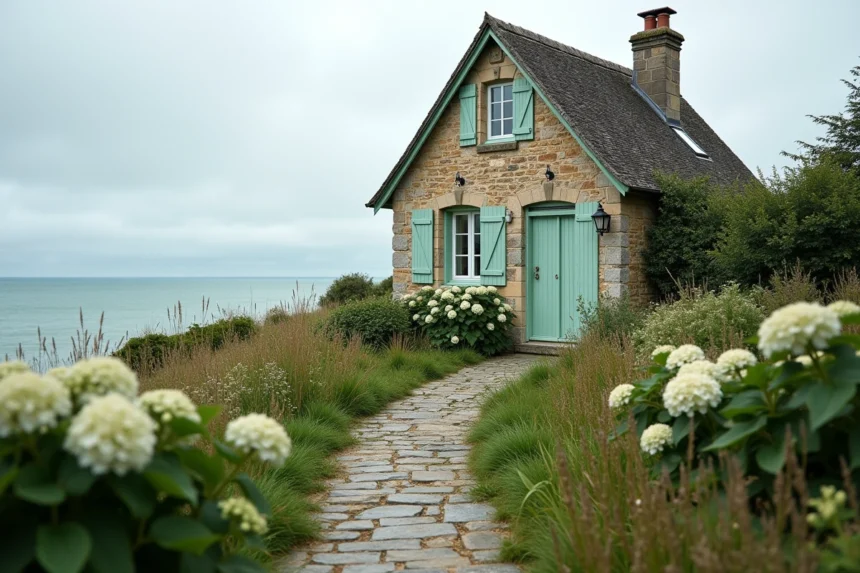 Petite maison en pierre normande avec vue mer et jardin fleuri, idéale pour une retraite paisible en Normandie
