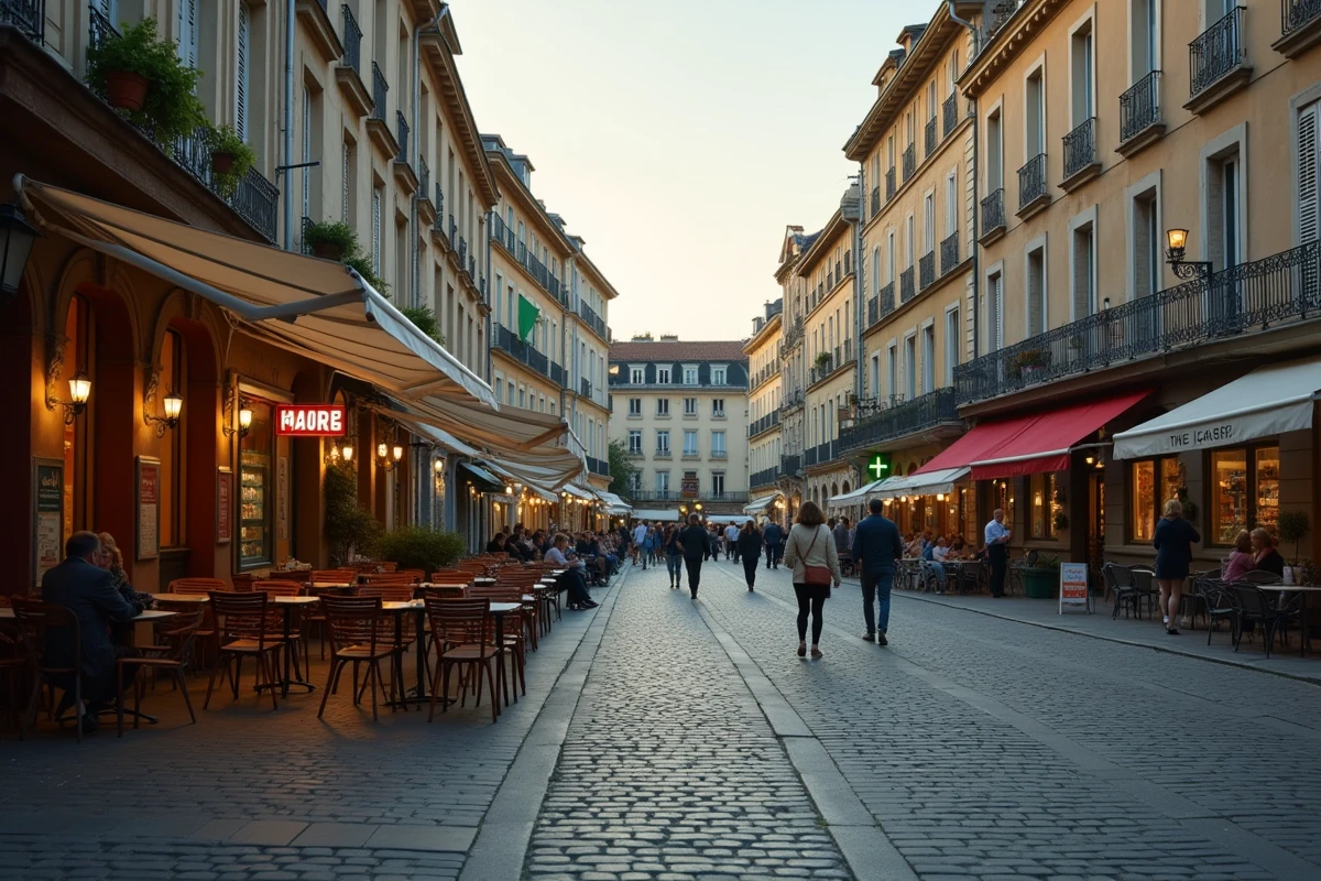 Place de village animée à Tassin-la-Demi-Lune en début de soirée avec terrasse de café et passants