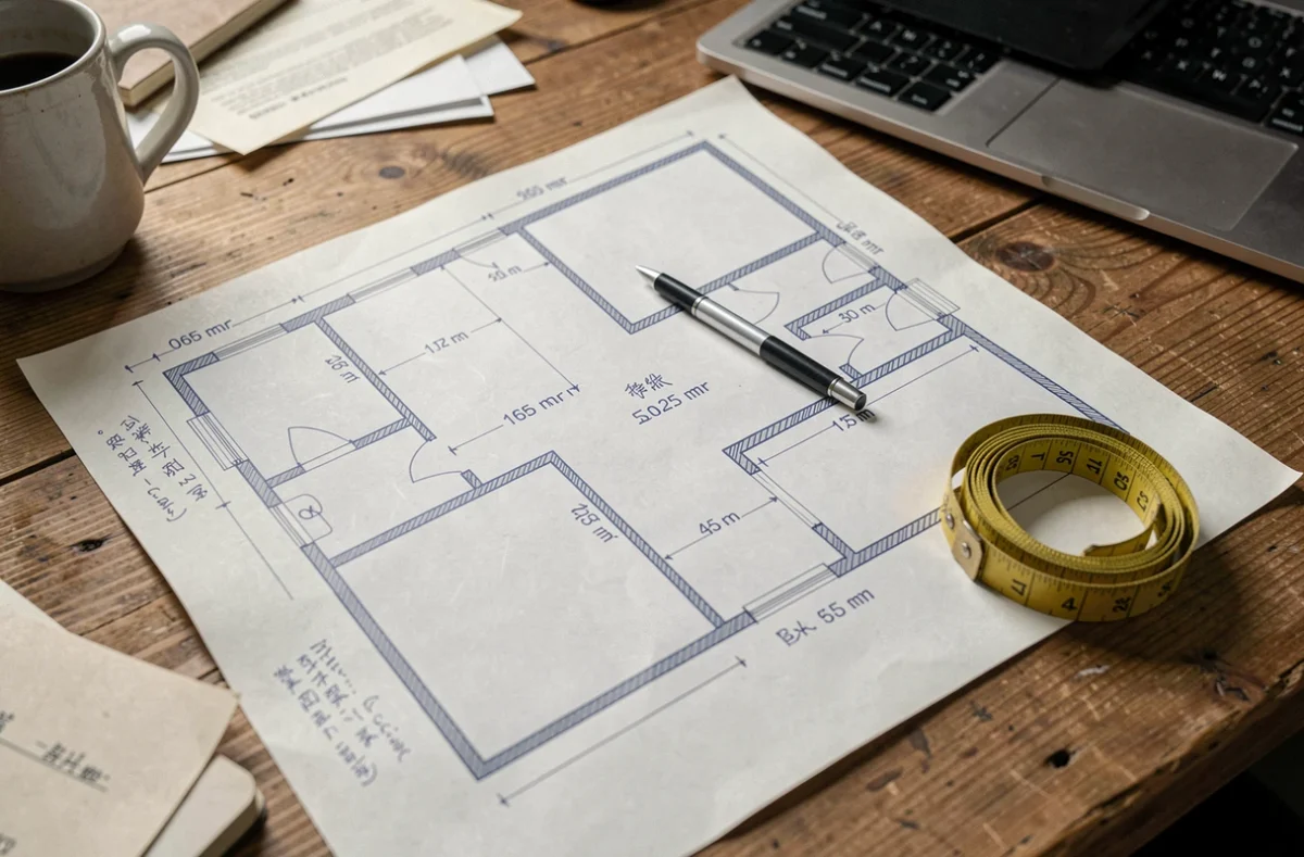 Plan de logement avec dimensions en mètres carrés et mètre ruban sur un bureau en bois