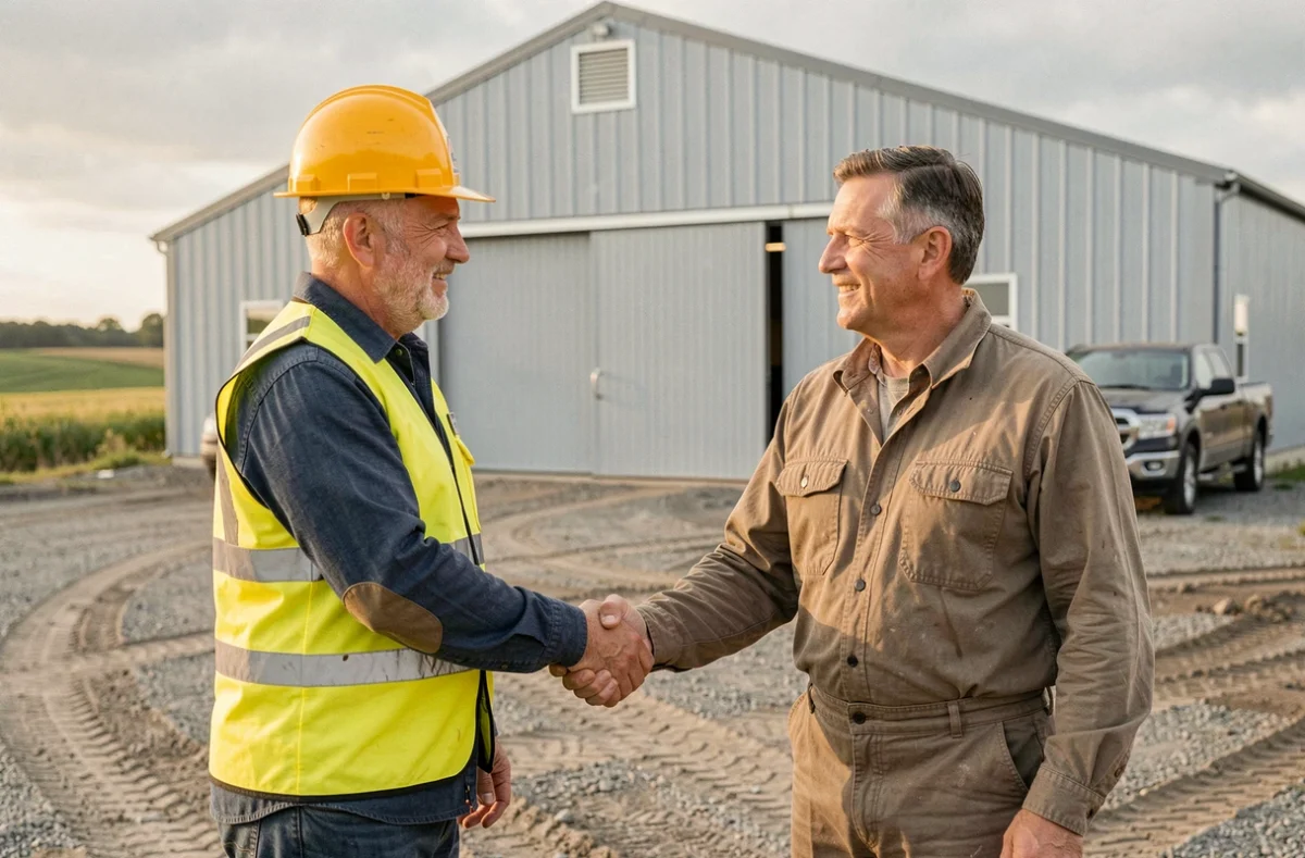 Agriculteur et constructeur de hangar agricole se serrant la main après négociation du prix au m2