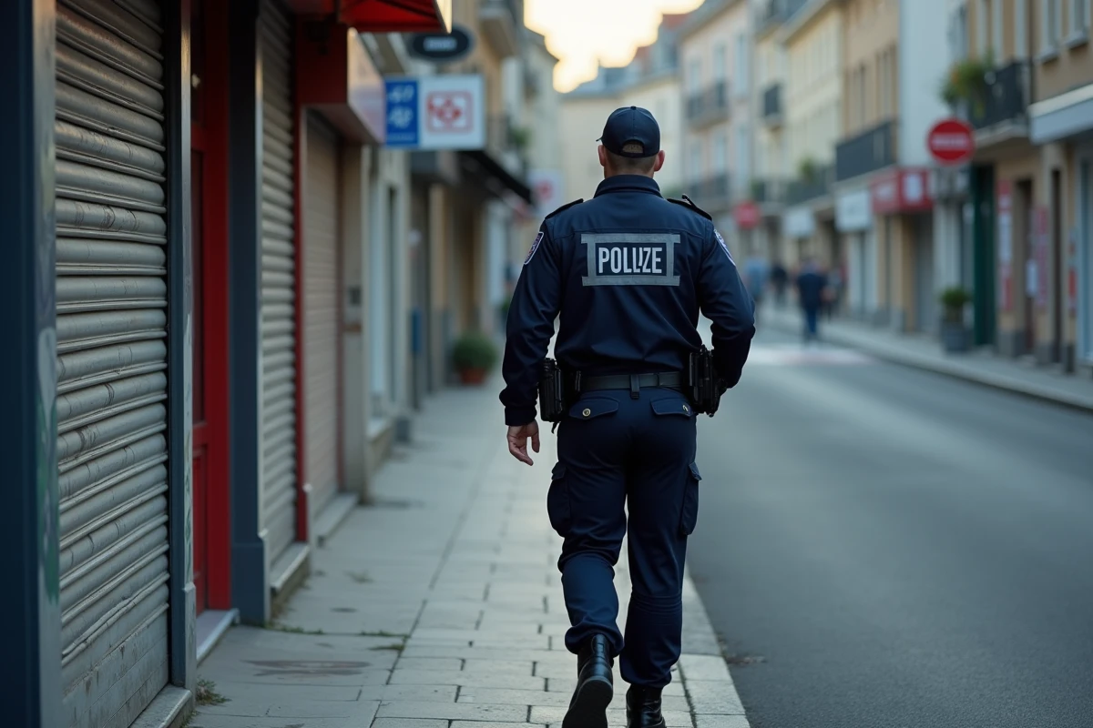 Agent de police municipale en patrouille dans une rue commerçante de Tassin-la-Demi-Lune le soir