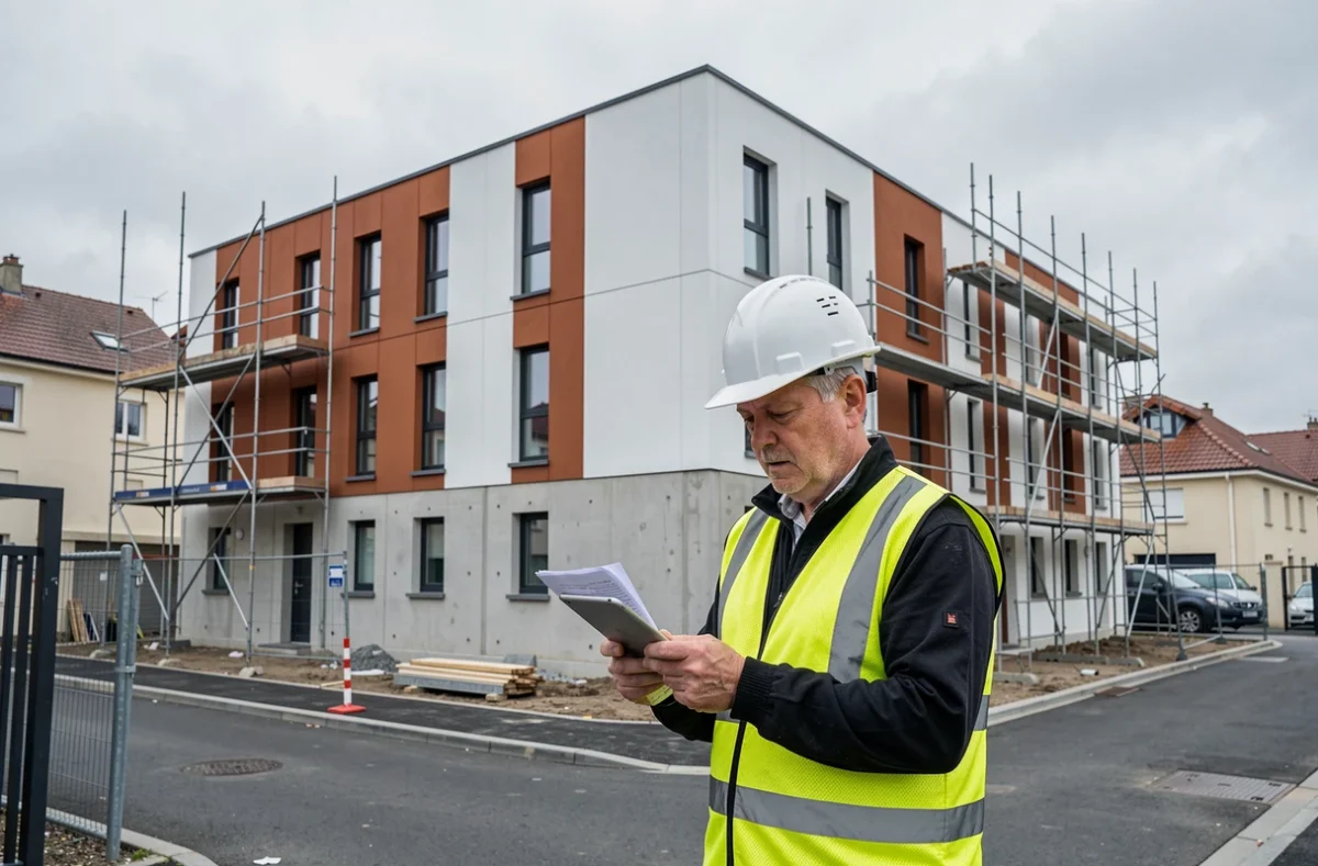 Chantier d'immeuble résidentiel en cours de finition par Poly-Cités en Seine-Saint-Denis avec chef de chantier consultant un rapport