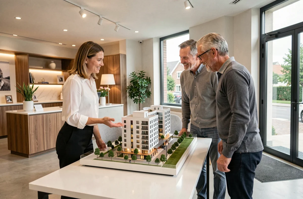 Conseillère commerciale de Preference Home présentant la maquette d'un programme immobilier neuf à des acquéreurs en Seine-Saint-Denis