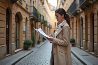 Femme consultant un document immobilier dans le quartier Croix-Rousse à Lyon, façades en pierre en arrière-plan