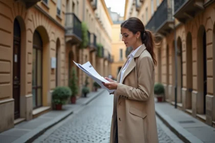 Femme consultant un document immobilier dans le quartier Croix-Rousse à Lyon, façades en pierre en arrière-plan
