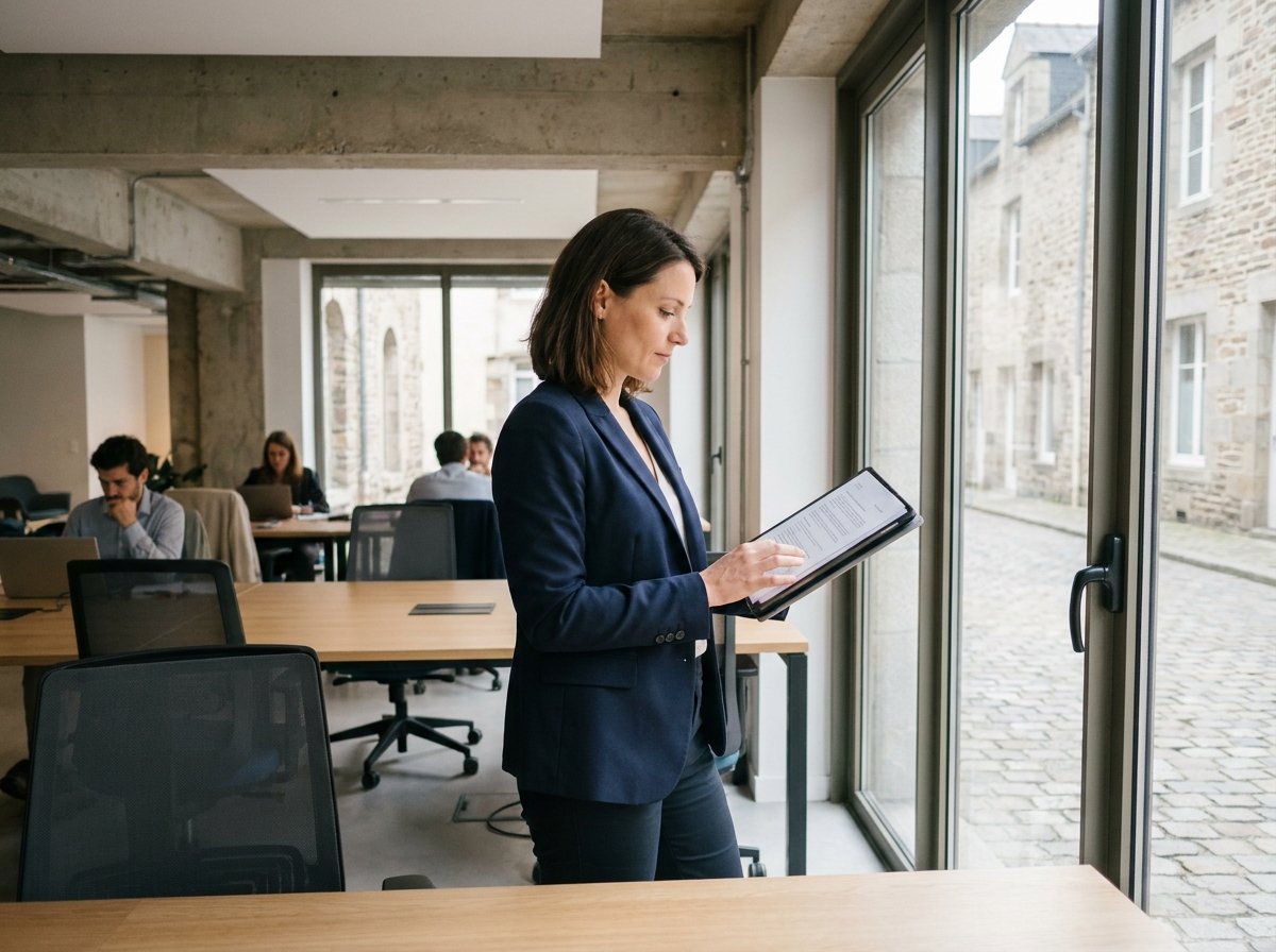 Jeune professionnelle dans un espace de coworking à Rennes, symbolisant l'essor des nouveaux modes de travail et l'attractivité économique de la ville