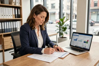 Professionnelle de l'immobilier analysant les données DVF et les prix de vente réels dans un bureau moderne
