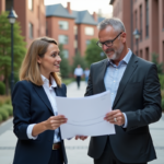Couple en costume évaluant plans de résidence étudiante