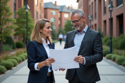 Couple en costume évaluant plans de résidence étudiante
