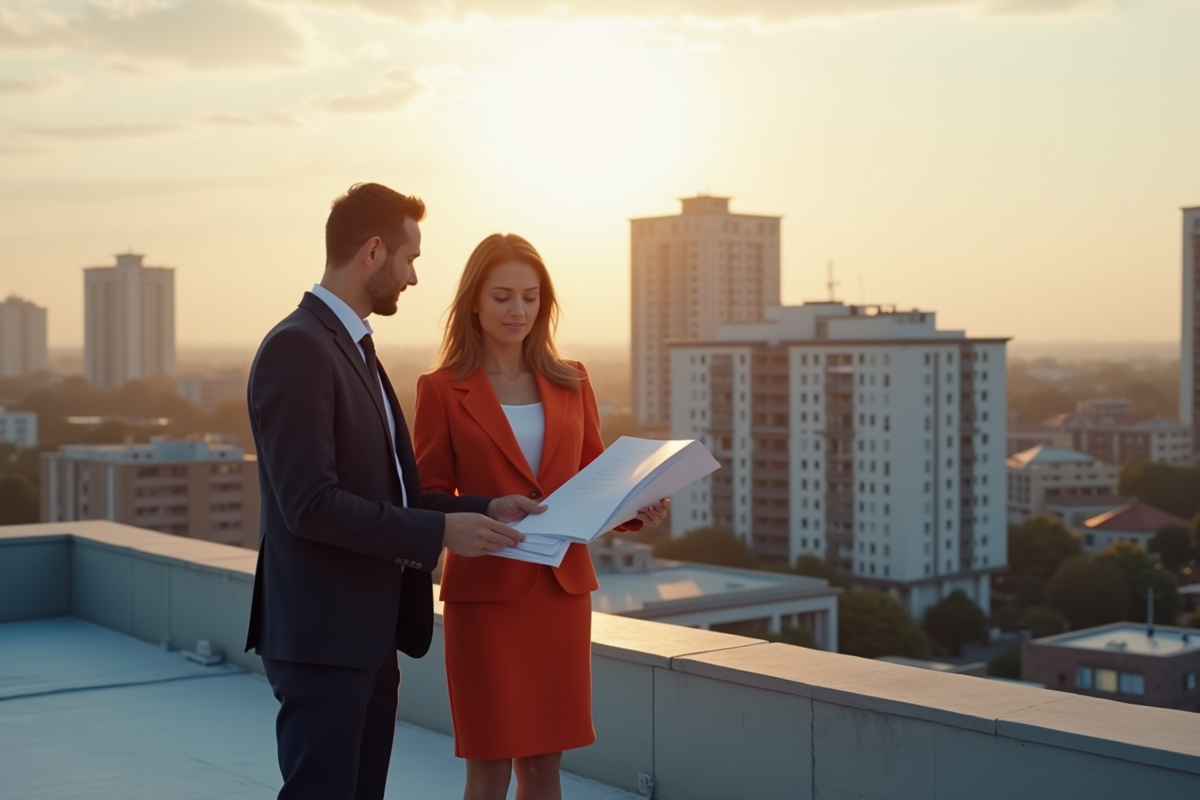 Deux professionnels sur un toit d'immeuble en ville examinant des documents