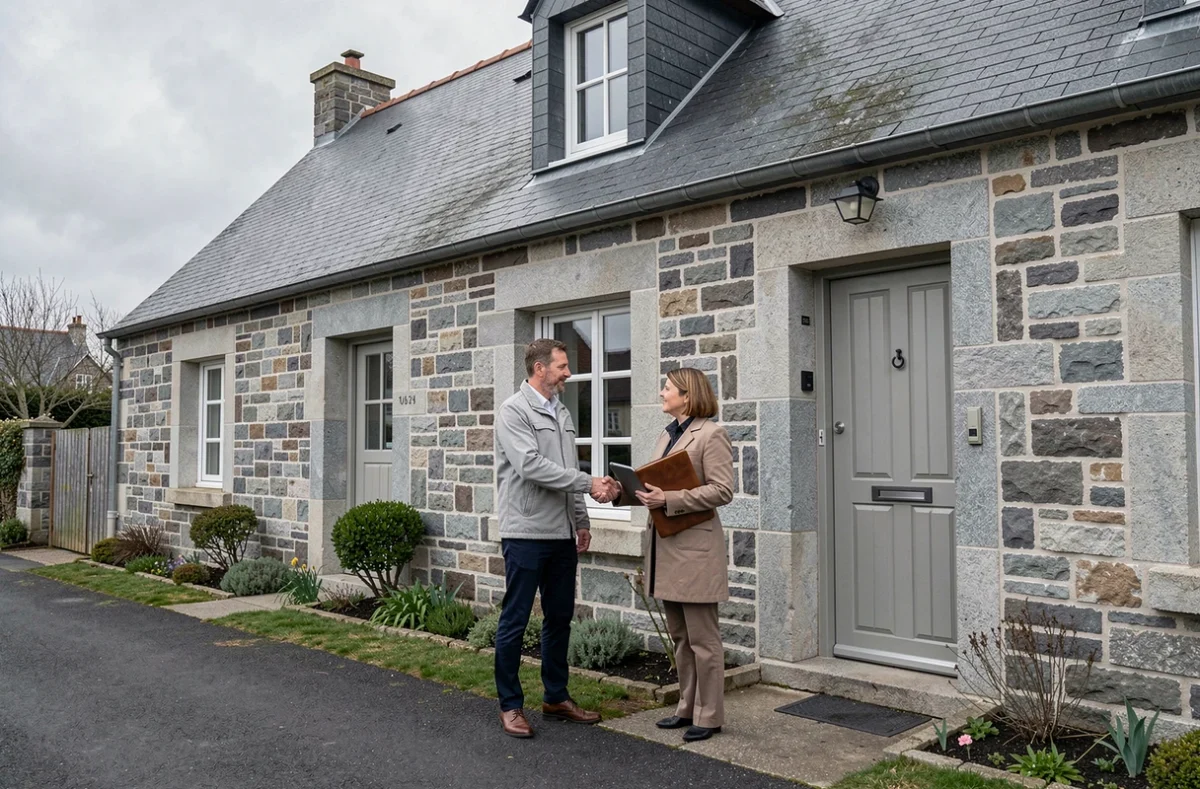 Propriétaire signant un contrat d'assurance habitation devant une maison en pierre à Quimper
