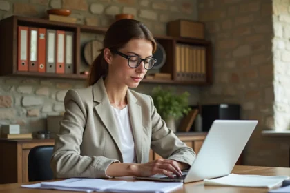 Propriétaire de gîte de France travaillant sur le bureau de gestion de son hébergement depuis son bureau à domicile