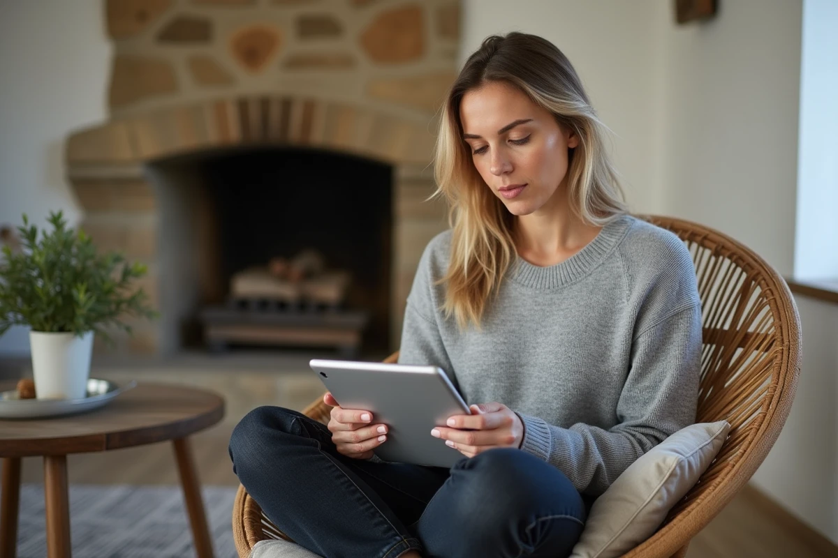 Propriétaire de gîte utilisant le portail Gîtes de France sur tablette pour gérer son hébergement depuis chez elle