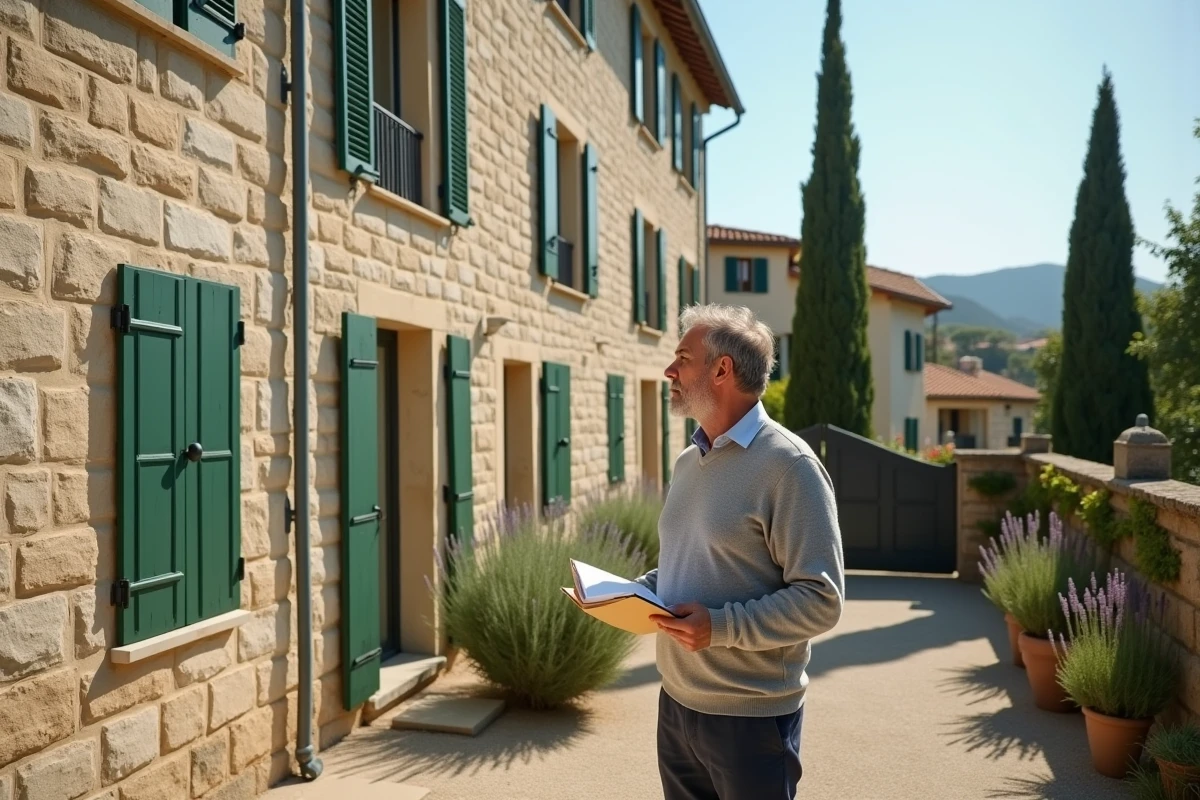 Propriétaire devant un immeuble locatif en pierre géré en SCI familiale dans le sud de la France