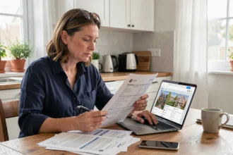 Propriétaire analysant les offres de location entre particuliers sur ordinateur portable et documents imprimés