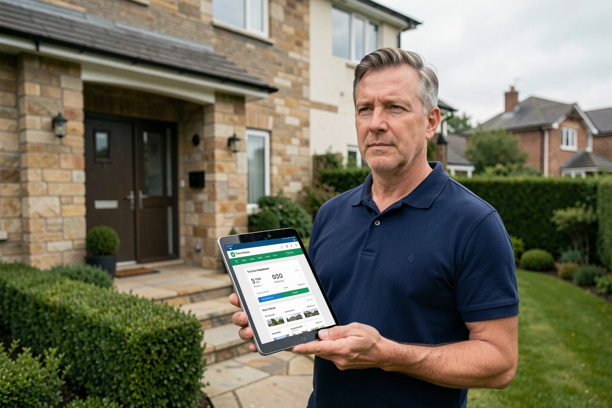 Propriétaire devant sa maison consultant un outil d'estimation immobilière sur tablette