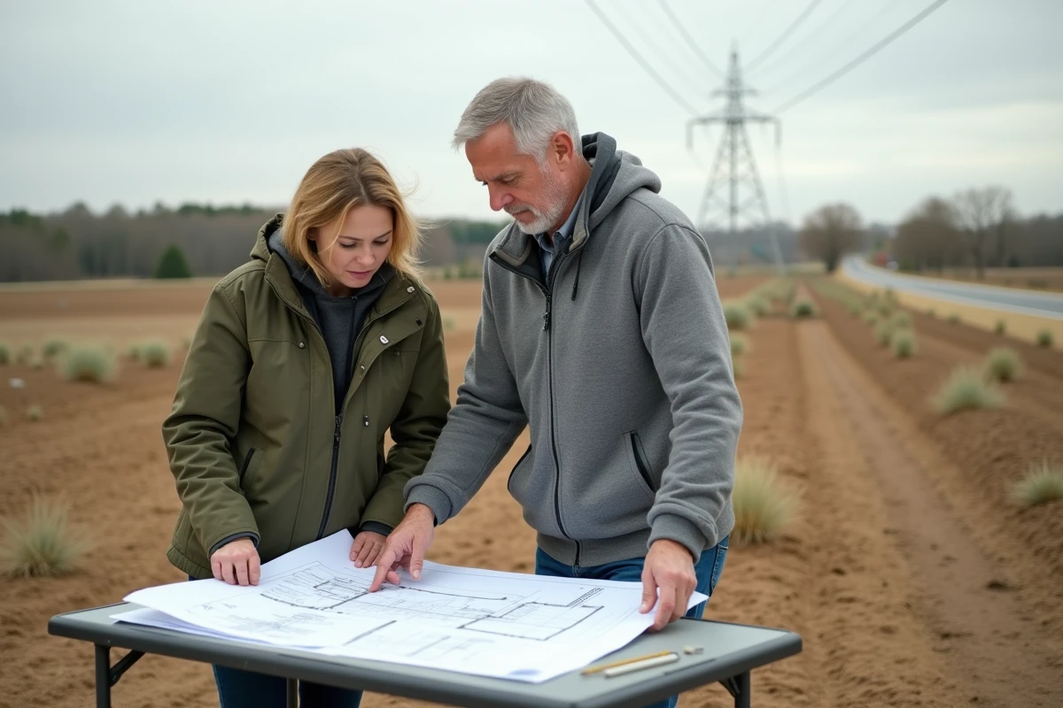 Propriétaires consultant les plans de viabilisation de leur terrain constructible