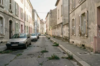 Rue dégradée dans un quartier défavorisé de Blois avec façades délabrées et tags sur les murs