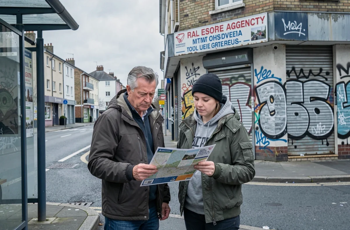 Couple consultant un plan dans un quartier périphérique de Blois avec commerces fermés en arrière-plan