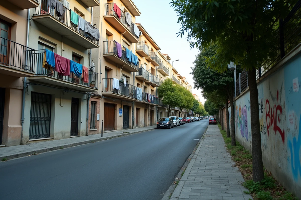 Rue calme d'un quartier résidentiel ordinaire d'Alès montrant des immeubles modestes et une atmosphère urbaine paisible