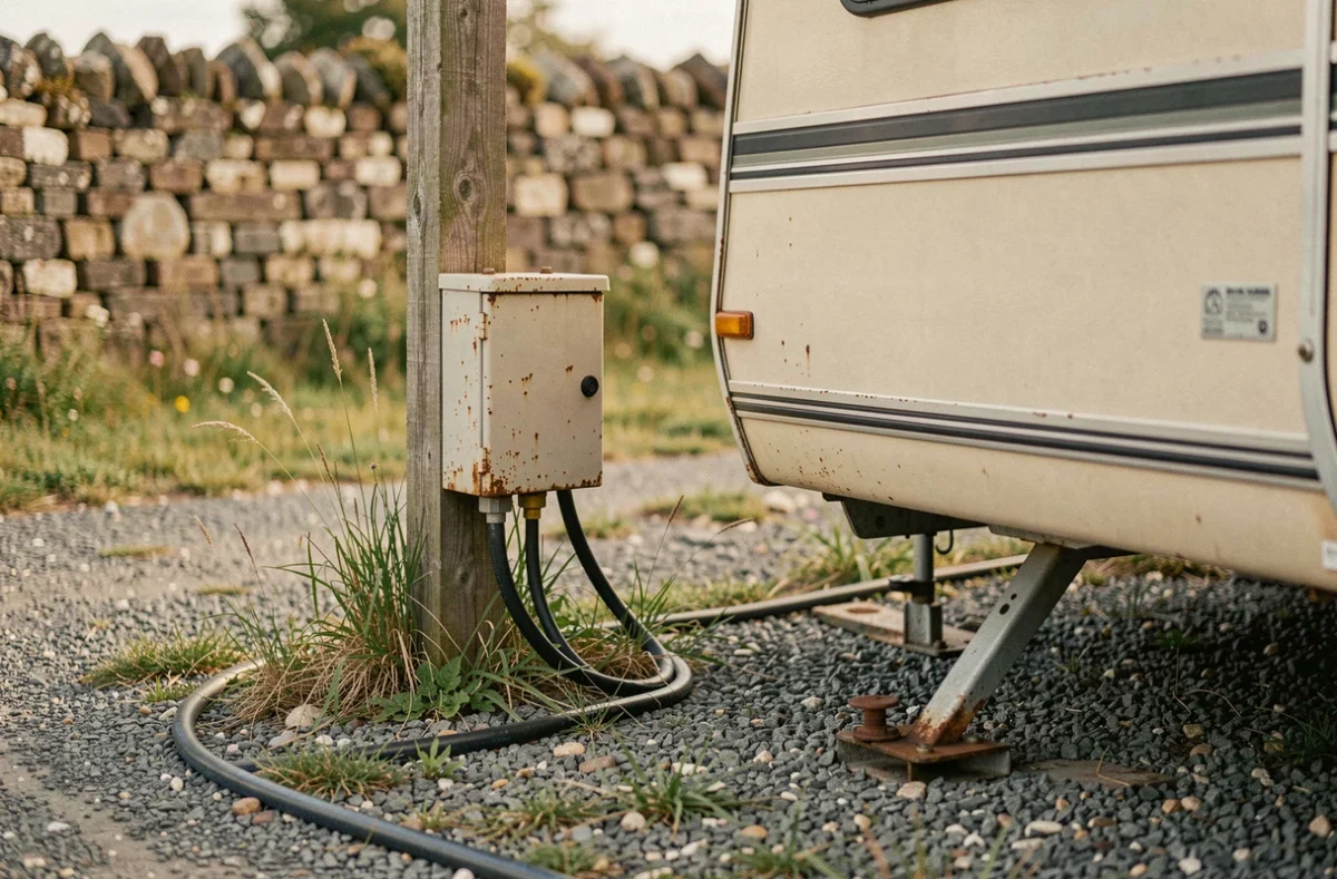 Détail des raccordements électriques et eau d'une caravane installée à l'année sur un terrain rural, vue rapprochée des infrastructures nécessaires pour un stationnement longue durée