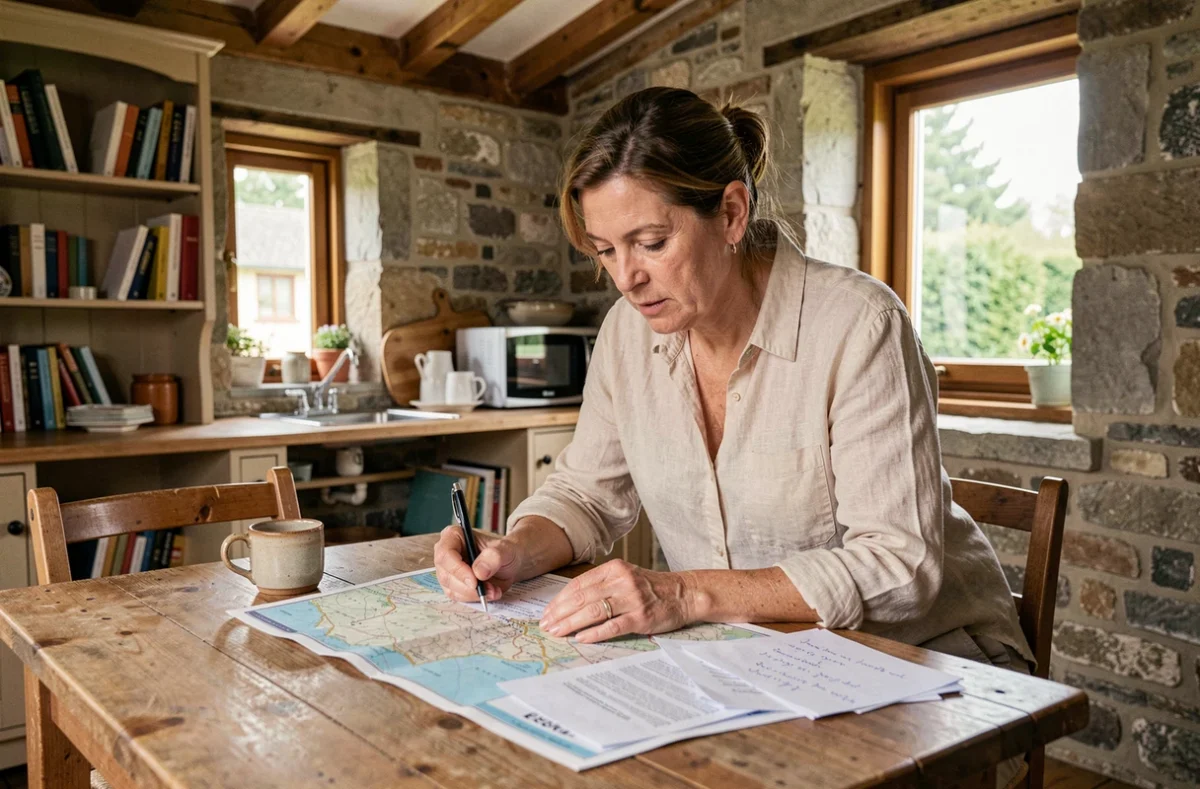 Femme cherchant une location de maison avec jardin entre particuliers dans les Hautes-Pyrénées, consultation d'annonces immobilières sans agence