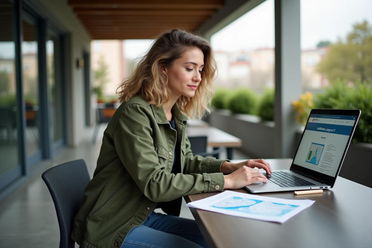 Jeune femme recherchant le propriétaire d'une parcelle sur le site du cadastre en ligne depuis un espace de travail extérieur