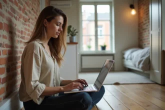 Jeune femme recherchant un studio à louer à La Roche-sur-Yon sur un site immobilier depuis son appartement