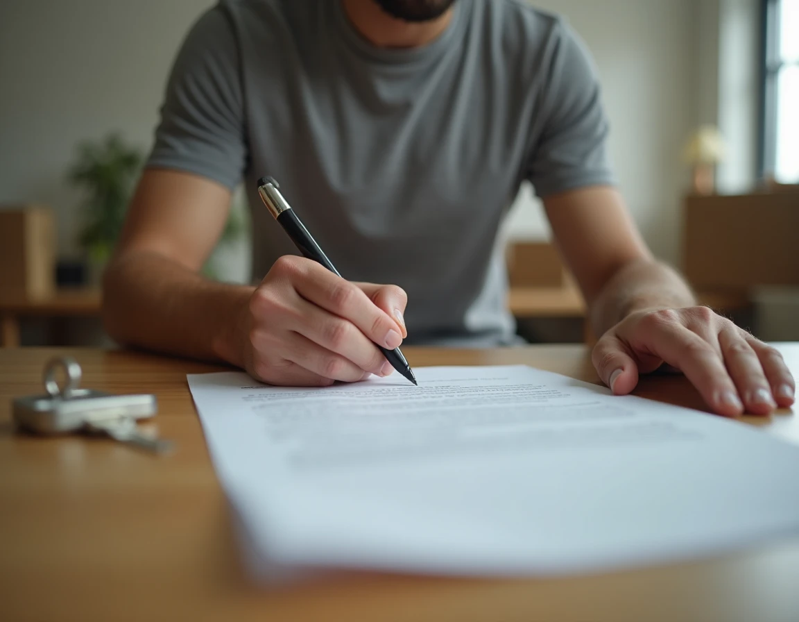 Locataire rédigeant une lettre de remise des clés assis à une table avec les clés posées à côté
