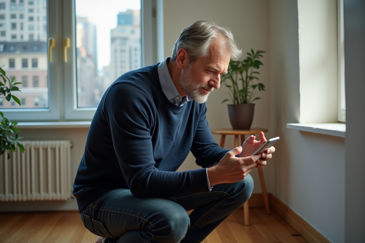 Homme photographiant une rayure sur une fenêtre en appartement