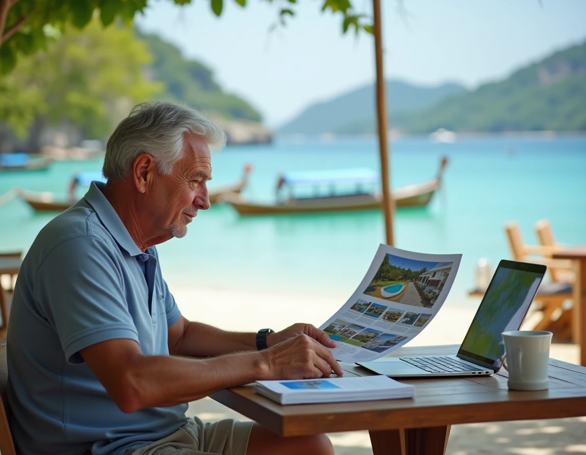 Retraité étranger consultant des annonces immobilières en Thaïlande dans un café en bord de mer