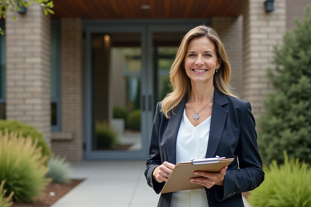 Femme en tenue professionnelle devant une résidence senior rénovée