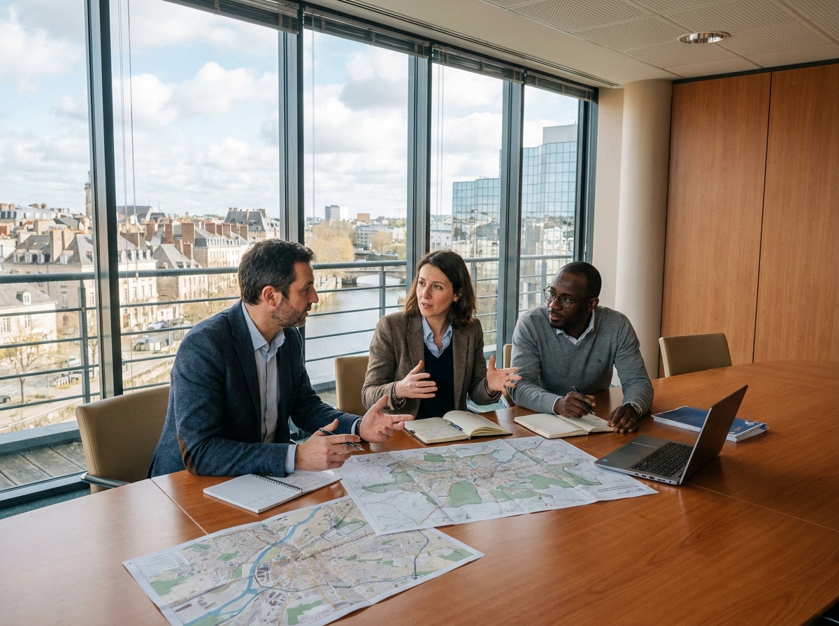 Réunion d'affaires dans une salle de conférence moderne à Rennes avec vue sur la skyline de la ville, illustrant la dynamique économique et immobilière rennaise